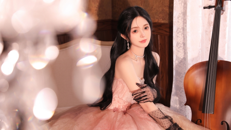 美女 长发 黑色蕾丝手套 粉色裙子 清纯养